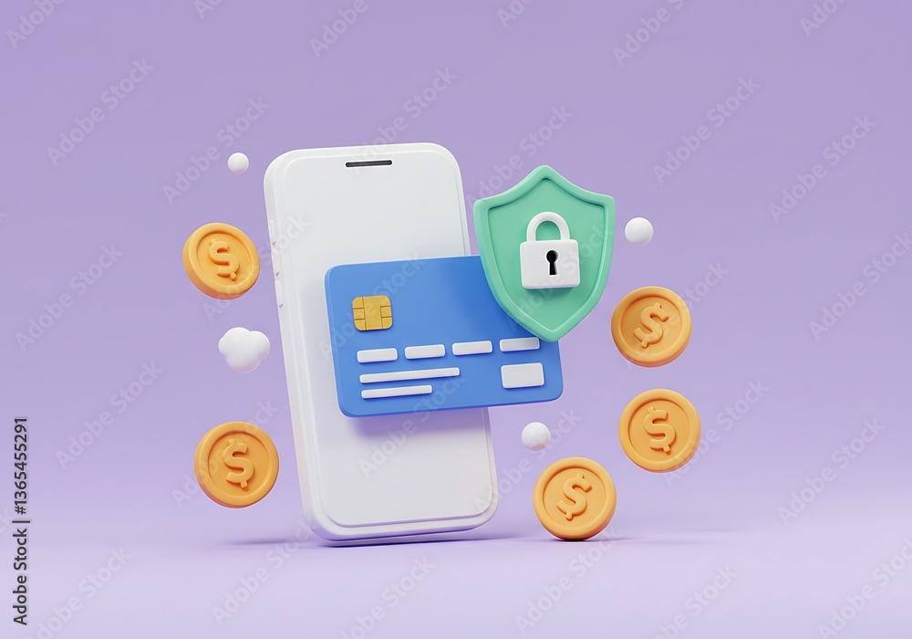 Secure Mobile Payment Illustration with Credit Card and Shield Secure Mobile Payment Illustration with Credit Card and Shield