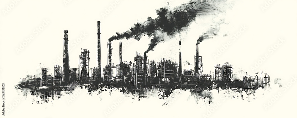 Obraz premium : Monochrome industrial drawing showing a complex factory with multiple smokestacks releasing dark smoke into the sky, surrounded by various tanks, towers and processing units