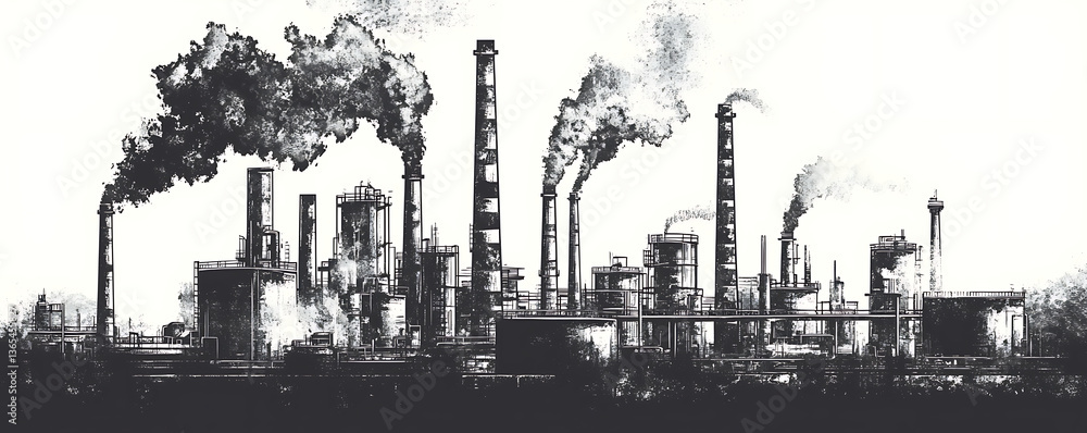: Monochrome industrial drawing showing a complex factory with multiple smokestacks releasing dark smoke into the sky, surrounded by various tanks, towers and processing units : Monochrome industrial drawing showing a complex factory with multiple smokestacks releasing dark smoke into the sky, surrounded by various tanks, towers and processing units