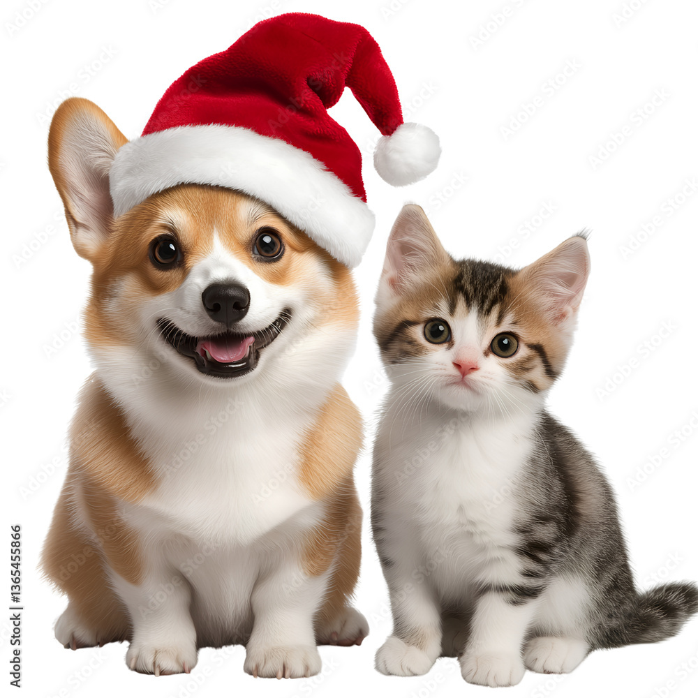 Cute corgi and cute British shorthair kitten wearing Christmas hat, transparent background PNG Cute corgi and cute British shorthair kitten wearing Christmas hat, transparent background PNG