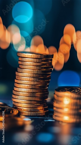 Stacks of Coins Reflecting Light in a Financial Setting During Evening Hours