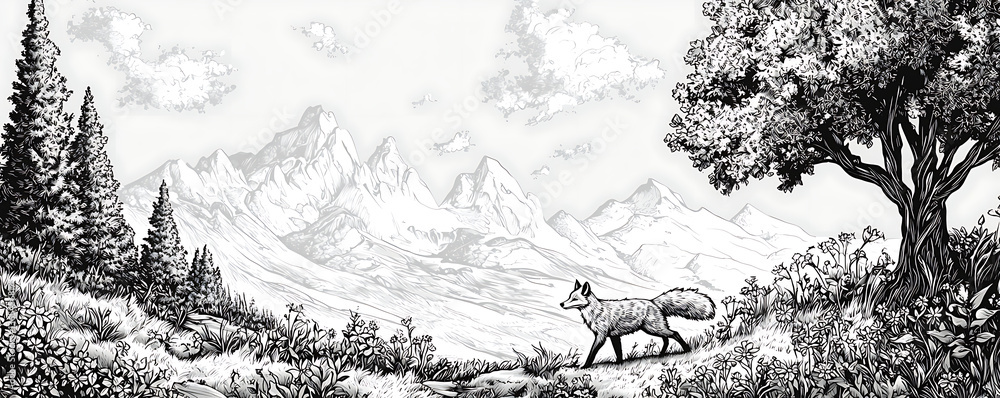 Obraz premium Black and white illustration of a fox walking through a mountain valley filled with wildflowers, pine trees, rocky slopes, and distant peaks under a partly cloudy sky