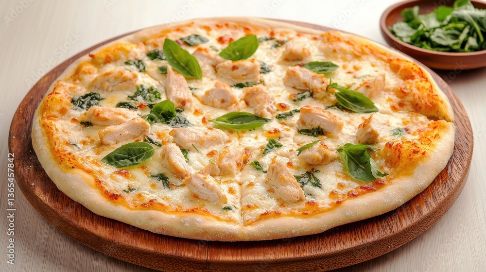 A delicious pizza topped with chicken and fresh basil, served on a wooden board with a side of herbs. A delicious pizza topped with chicken and fresh basil, served on a wooden board with a side of herbs.