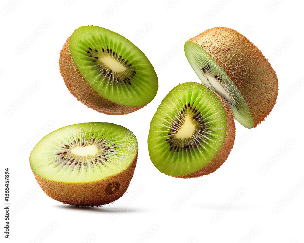 Fototapeta premium Flying falling kiwis on a transparent background