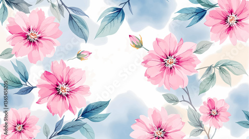 Watercolor Pink flower background, Beautiful seamless pattern with watercolor gentle pink flowers
