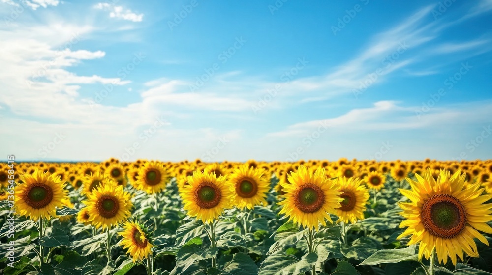 Fototapeta premium Expansive sunflower field under a clear blue sky with delicate cloud formations