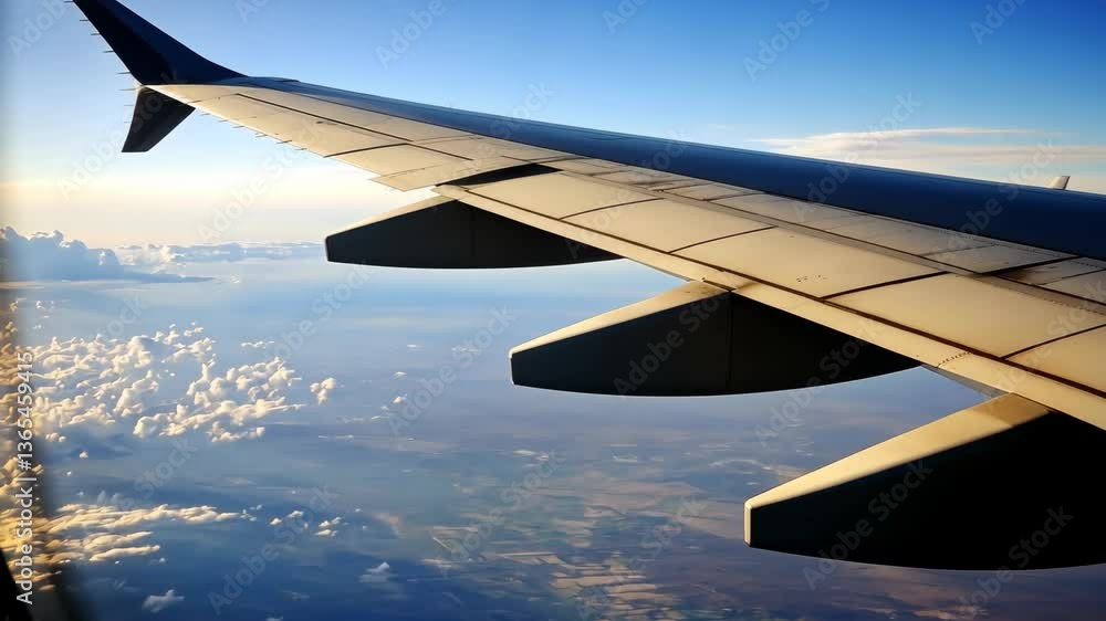 View of airplane wing over clouds during sunset flight across the sky