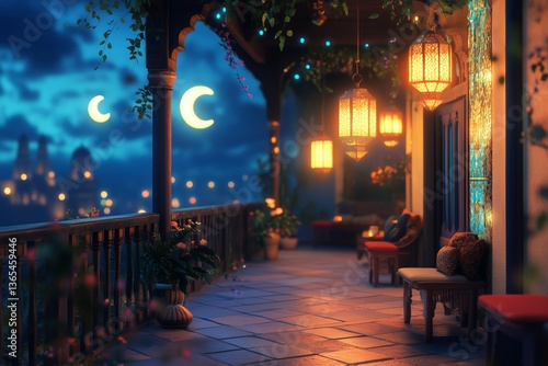 Enchanting Night in a Tranquil Village With Illuminated Lanterns and a Cresce...