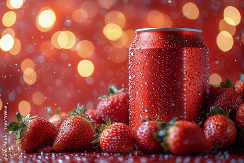 Refreshing Soda Can Surrounded by Fresh Strawberries on a Crimson Background ...