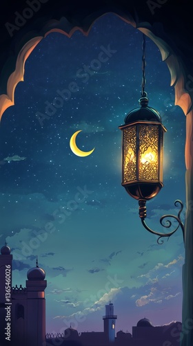 Lantern Glowing Under Crescent Moon in a Tranquil Evening Sky