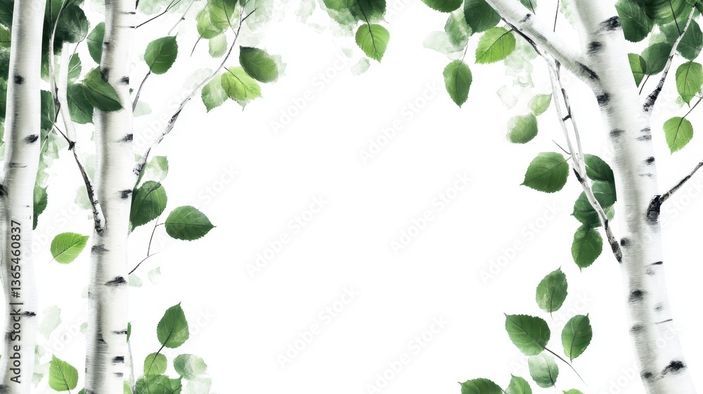 Obraz premium A group of birch trees with white bark and green leaves, text space.