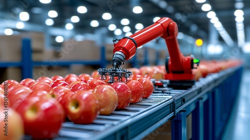 Red Robotic Arm Sorting Apples on Conveyor Belt in Modern Warehouse