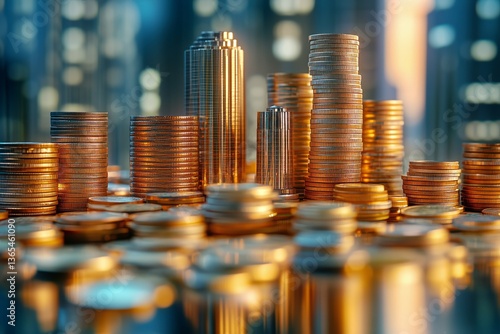Gold Coins and Miniature City Skyline Create a Striking Visual Contrast in Ur...