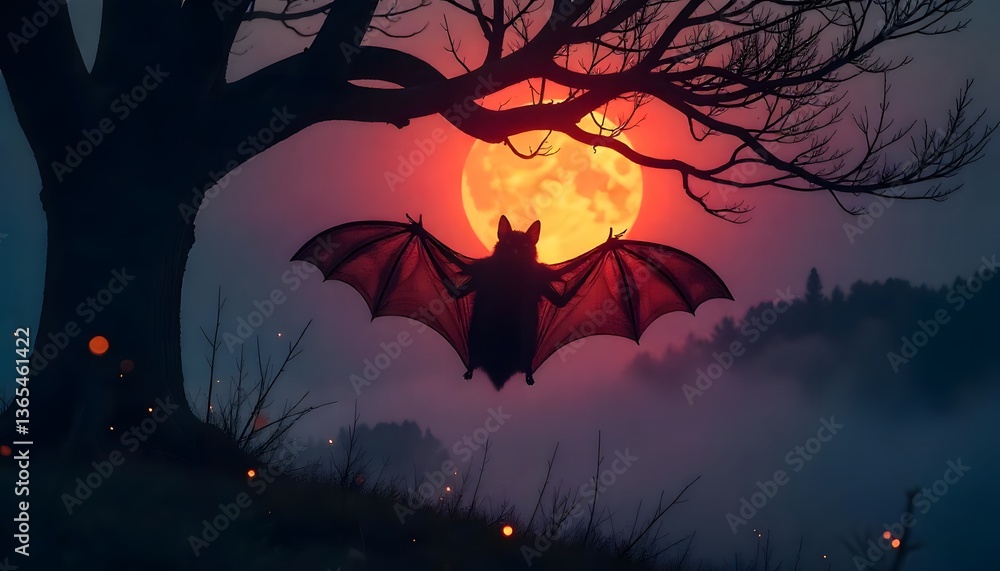 Bat Hanging Upside Down at Night with a Red Moon Background and Blurred Forest Bat Hanging Upside Down at Night with a Red Moon Background and Blurred Forest