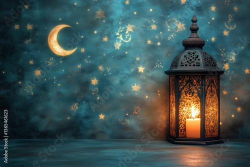 Lantern Casting Warm Light Under a Night Sky With Stars and a Crescent Moon