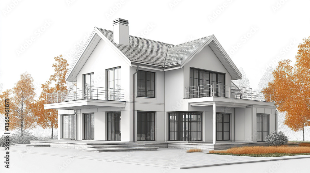 Modern residential house with large windows and autumn trees Modern residential house with large windows and autumn trees