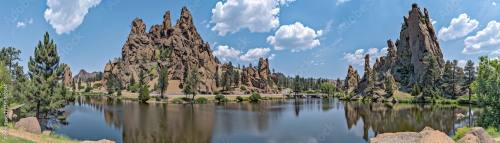 A stunning landscape featuring rugged rock formations, lush greenery, and a serene lake under a bright blue sky dotted with clouds. A stunning landscape featuring rugged rock formations, lush greenery, and a serene lake under a bright blue sky dotted with clouds.