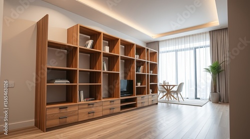 DIY furniture modern wooden bookshelf in bright living room