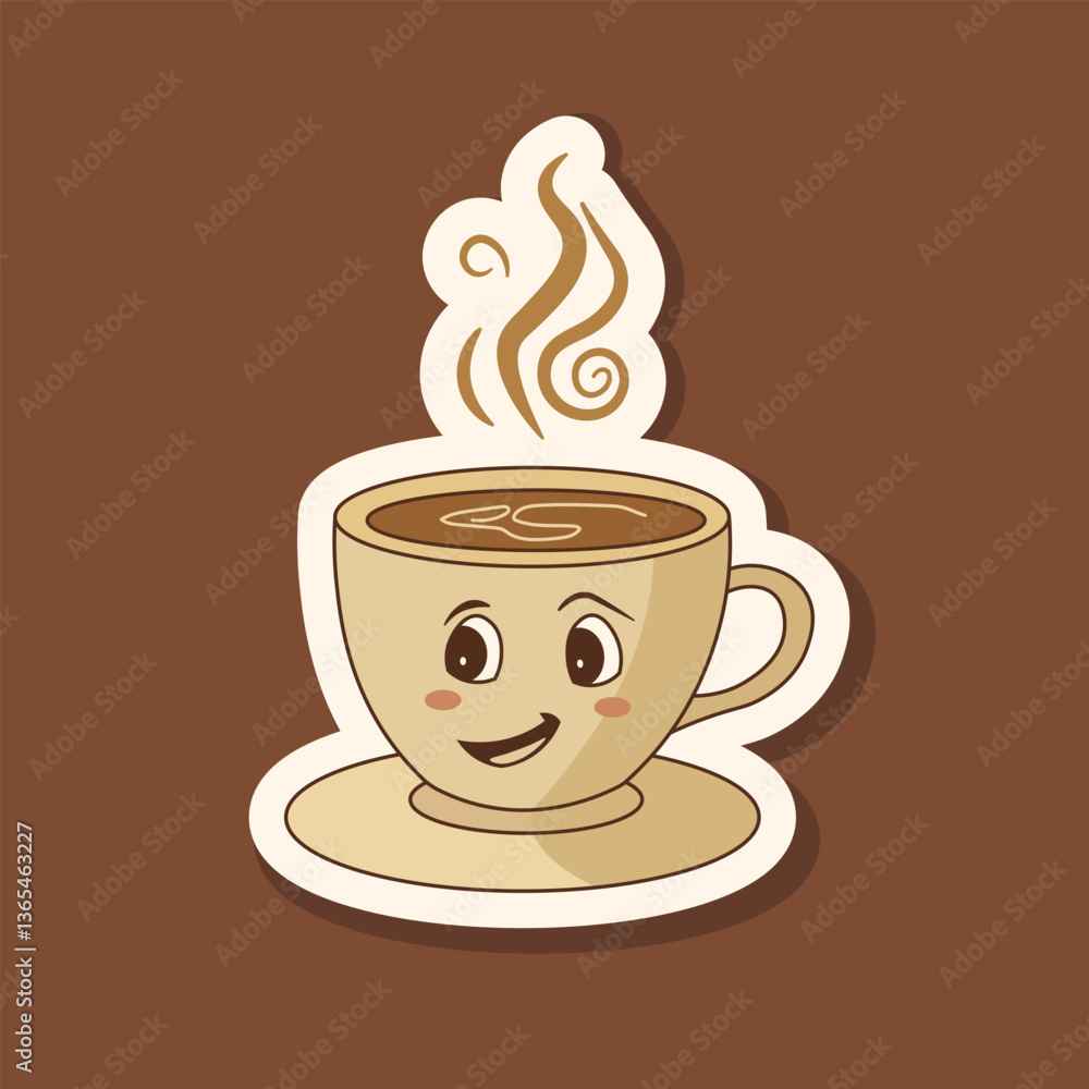 Obraz premium Smiling Coffee Cup Cartoon Illustration with Steam on Brown Background