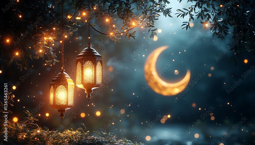 Two ornate lanterns hanging illuminated in a nighttime scene Two ornate lanterns hanging illuminated in a nighttime scene
