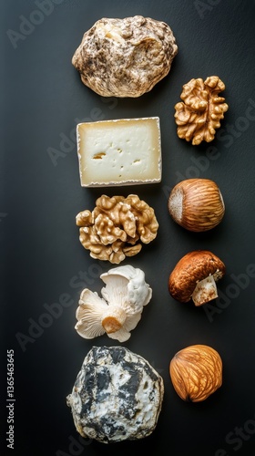Unique Pairing of Assorted Nuts and Cheese Arranged Artistically on a Dark Su...