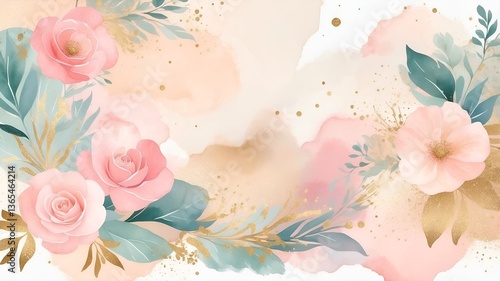 soft and dreamy background with watercolor pastel splashes, subtle golden glitter accents, and elegant floral patterns
