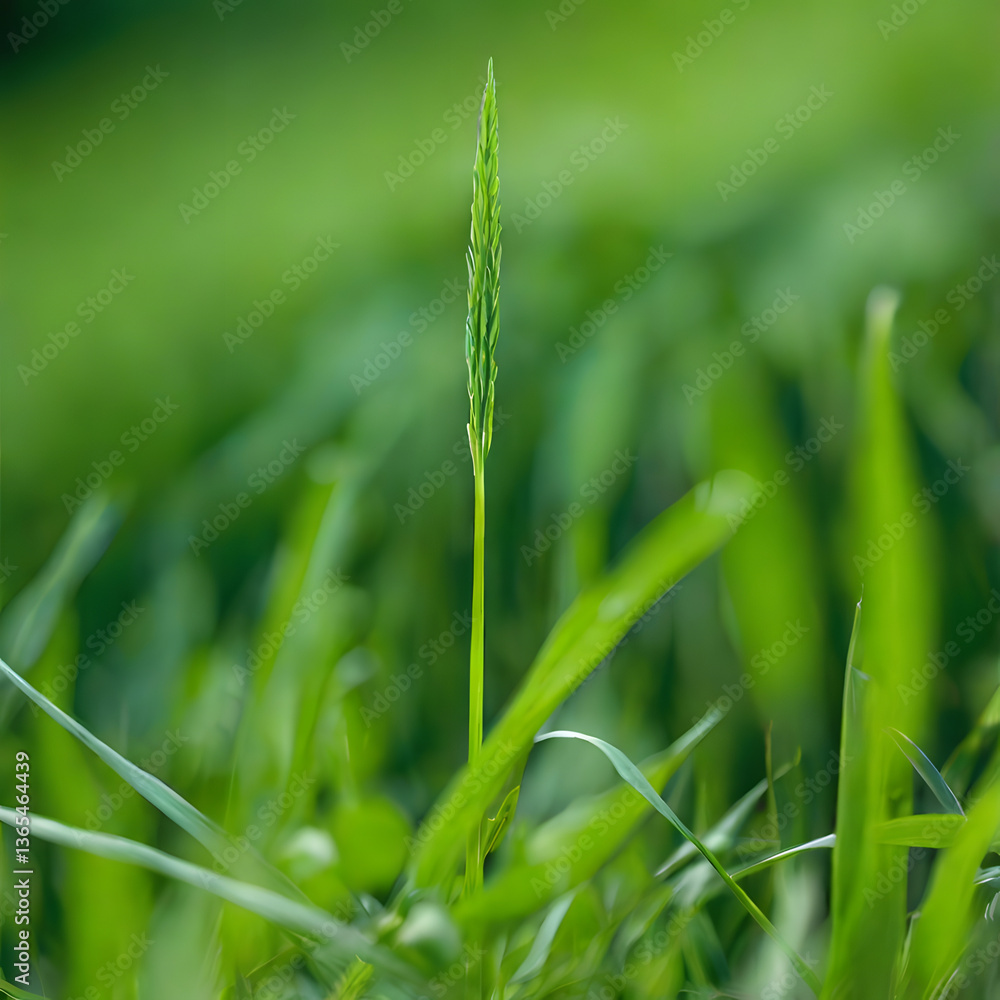 Obraz premium Emerging Green: A single, vibrant blade of grass stands tall amidst a verdant field, showcasing the delicate beauty of nature's intricate design.