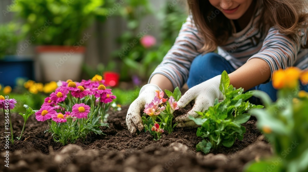 Fototapeta premium Joyful Mother Daughter Team Cultivating Beauty: Planting Flowers in Backyard Garden