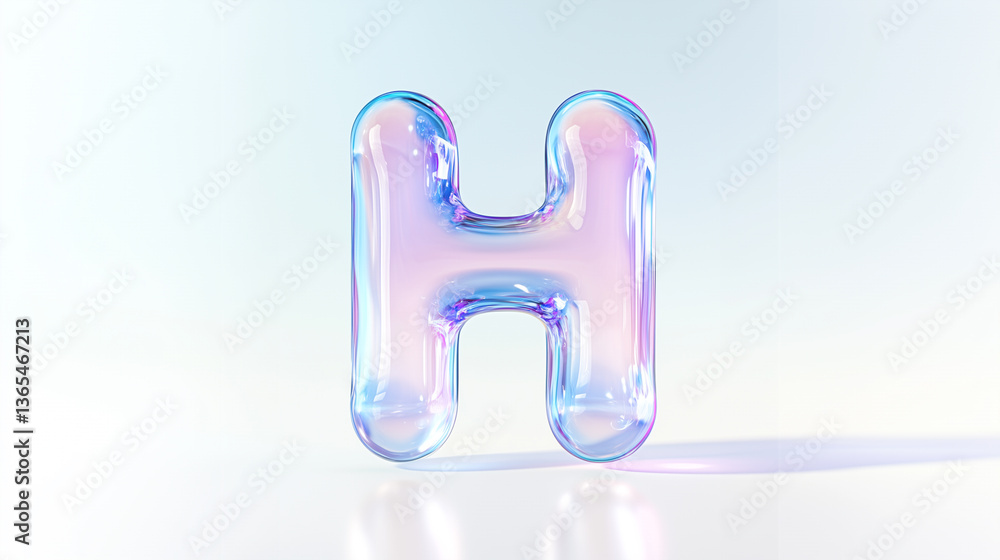 Fototapeta premium 3D pastel iridescent bubble letter H floating on white background in shiny translucent style, glossy glass alphabet