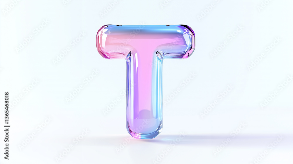 3D pastel iridescent bubble letter T floating on white background in shiny translucent style, glossy glass alphabet 3D pastel iridescent bubble letter T floating on white background in shiny translucent style, glossy glass alphabet