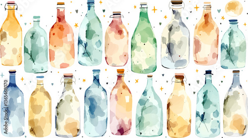 Watercolor pattern bottles white background vector	
