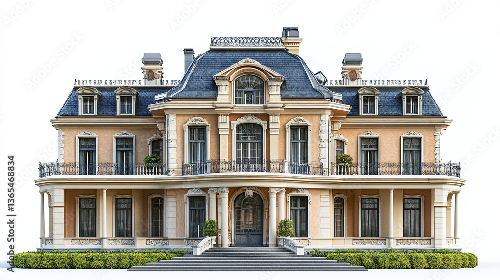 Fototapeta premium Elegant mansion with classic architecture and ornate details on white background