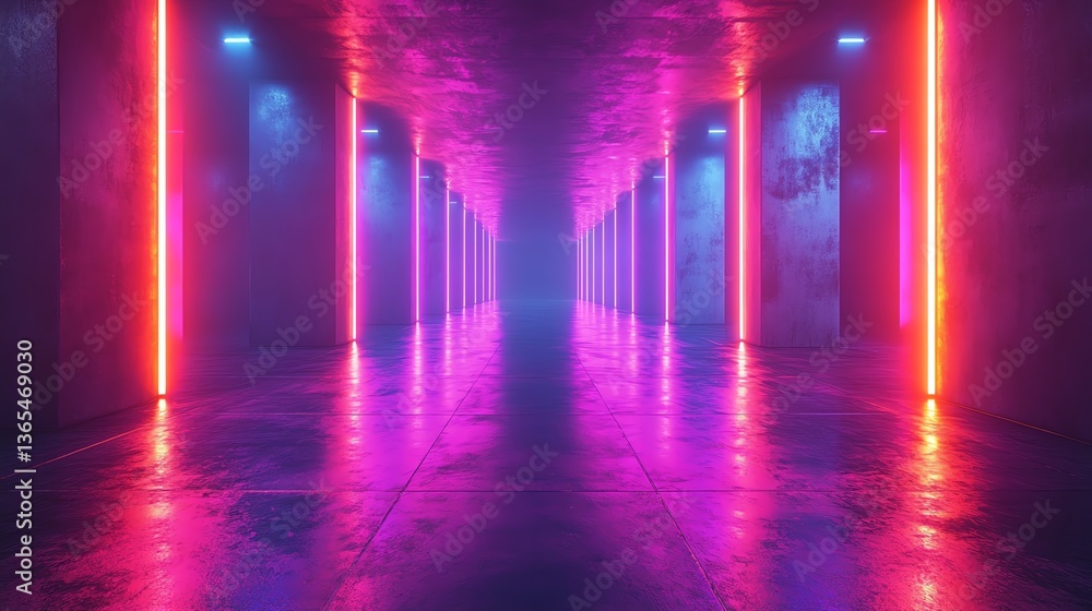Illuminated Corridor with Pink and Blue Neon Lights Creating Futuristic Atmosphere Illuminated Corridor with Pink and Blue Neon Lights Creating Futuristic Atmosphere