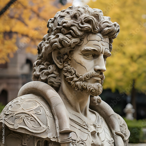 Heroic Stone Statue: A majestic stone statue of a hero or warrior stands with an air of strength and contemplation, the weathered details etched in stone. Against a backdrop of fall foliage.