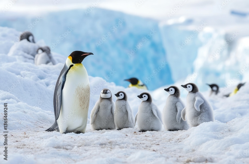 Fototapeta premium A group of emperor penguins and their chicks, all standing in the snow against
