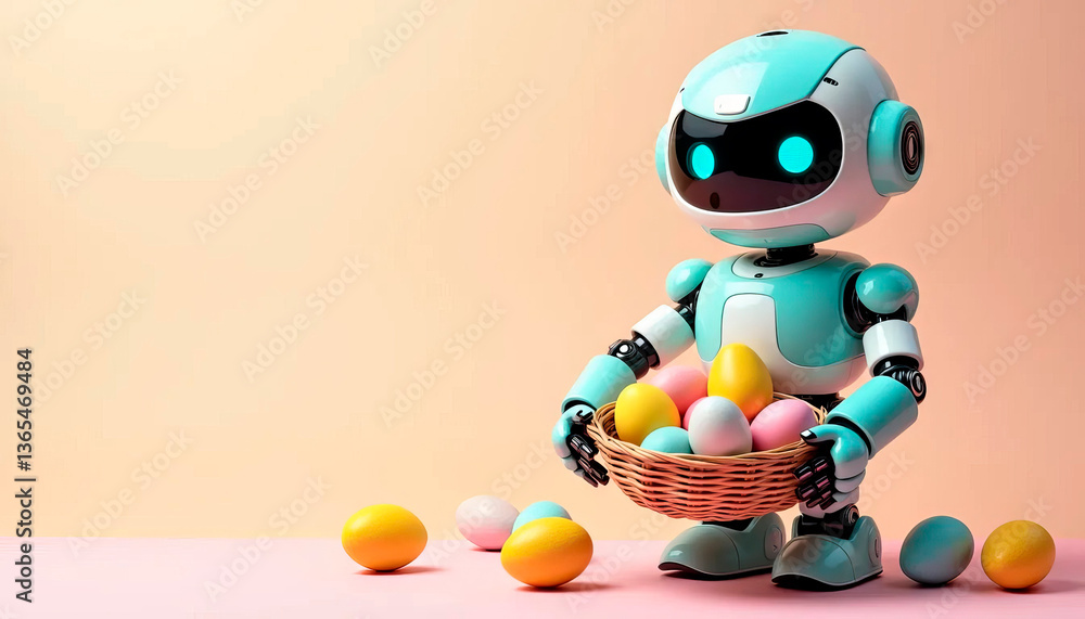 Blue robot holding a basket of colorful Easter eggs, blending technology with a festive holiday theme Blue robot holding a basket of colorful Easter eggs, blending technology with a festive holiday theme