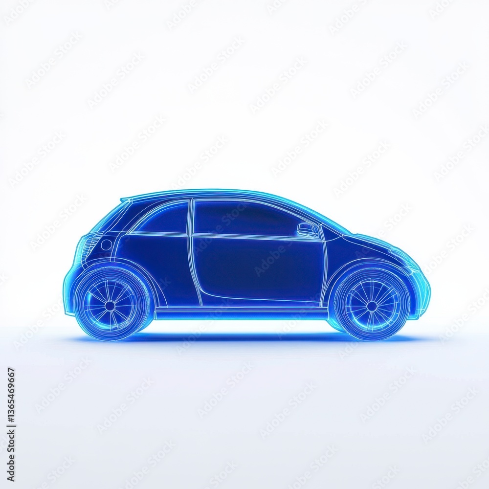 Glowing Blue Wireframe Car Digital Rendering on White Background Glowing Blue Wireframe Car Digital Rendering on White Background