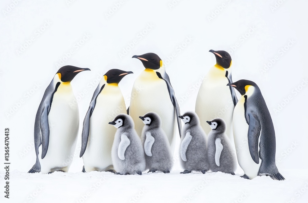 Obraz premium A group of emperor penguins and their chicks, all standing in the snow against 