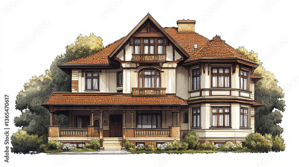 Elegant residential house with red roof and lush greenery Elegant residential house with red roof and lush greenery