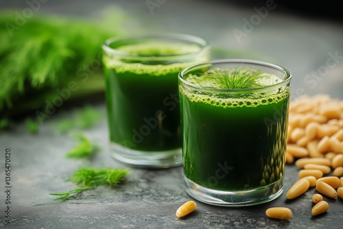 Refreshing Green Juice Served in Glasses Garnished With Herbs and Nuts in a Bright Setting