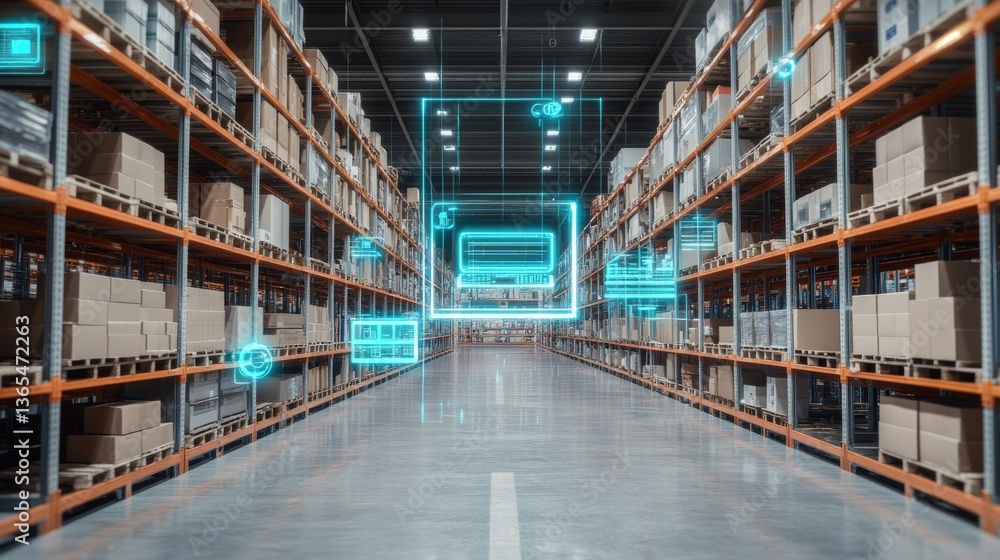 An AI powered inventory management system, analyzing product stock levels and predicting future demand in a warehouse, Logistics tech style An AI powered inventory management system, analyzing product stock levels and predicting future demand in a warehouse, Logistics tech style
