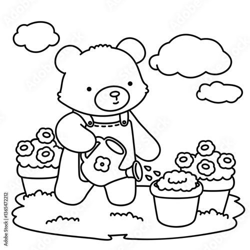 Little bear is gardening, easy coloring for kids, vector, illustration, coloring book, coloring page
