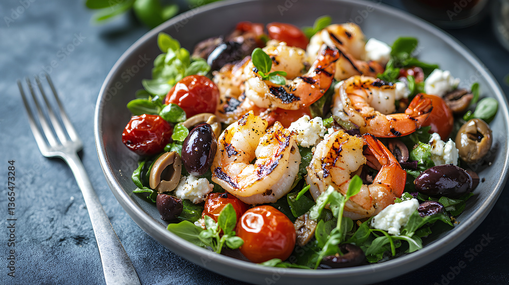 Fresh Mediterranean salad with grilled shrimp, cherry tomatoes, olives, and feta cheese on a white plate
Fresh Mediterranean salad with grilled shrimp, cherry tomatoes, olives, and feta cheese on a white plate