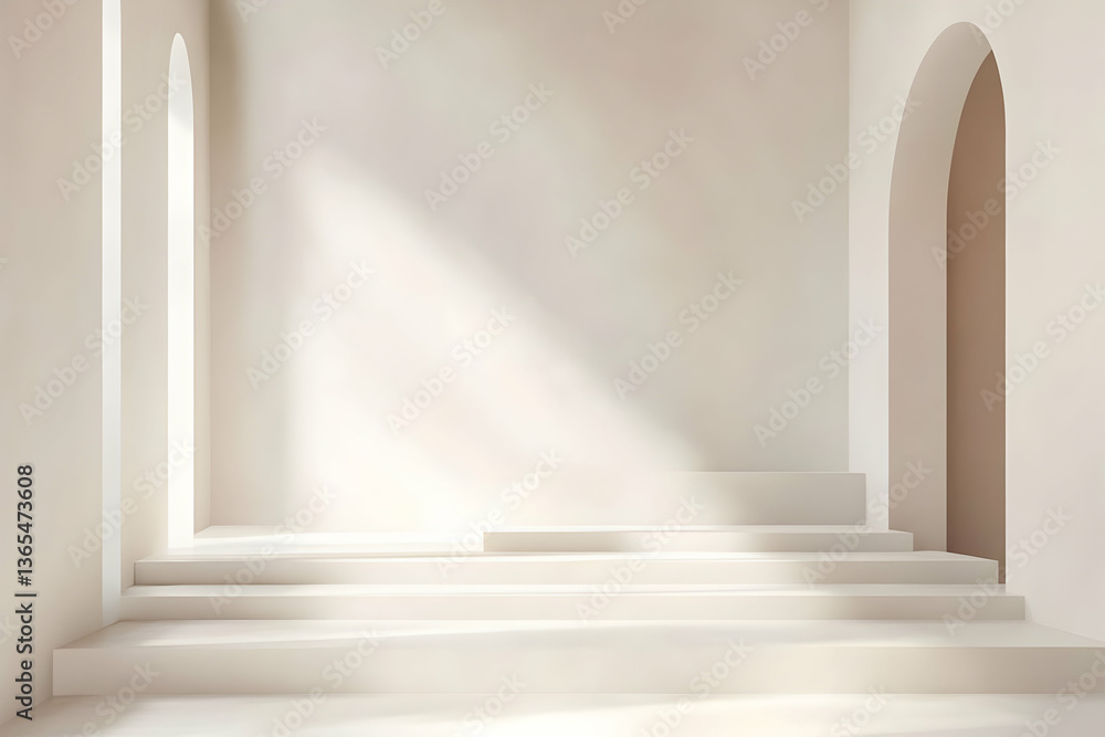 Obraz premium Minimal cream interior with soft light across arched openings and stepped levels, serene abstract architecture backdrop for design, luxury, and calm.