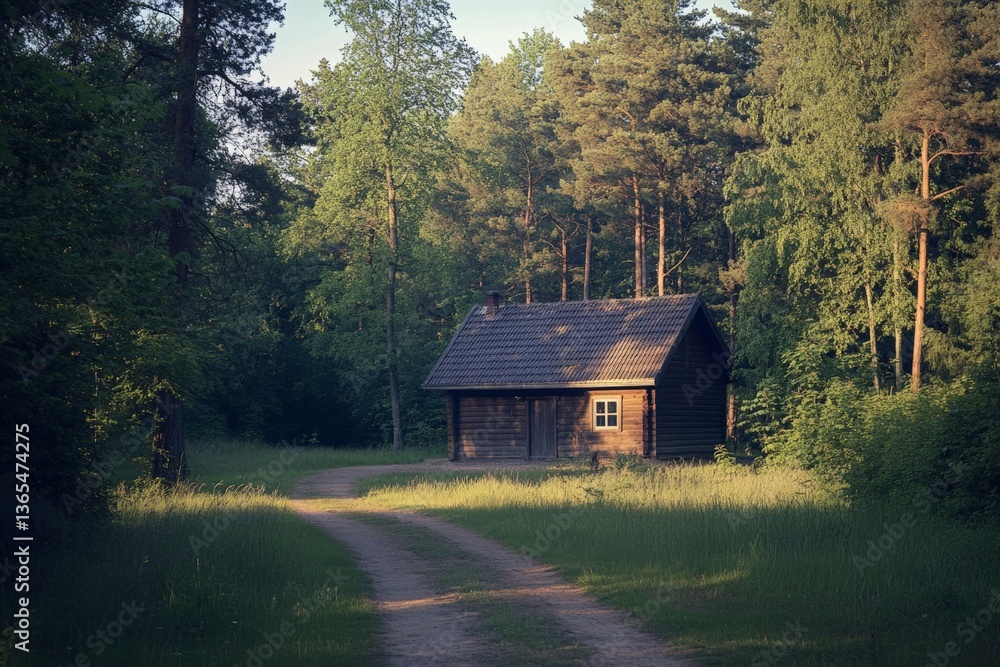 Fototapeta premium Rustic wooden cabin in sunlit forest with curved pathway in serene nature setting