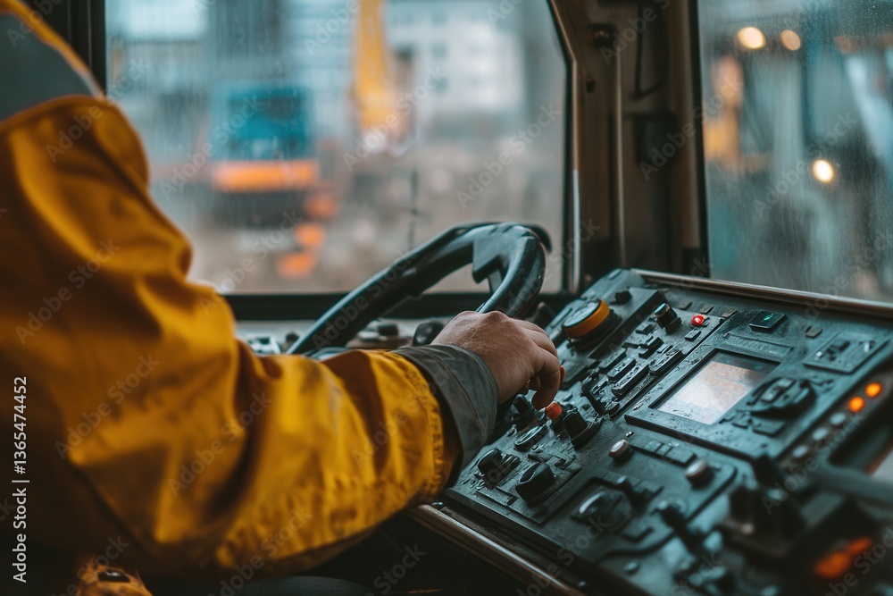 Construction worker operating machinery in a bright yellow jacket inside a control cabin on a rainy day. Construction worker operating machinery in a bright yellow jacket inside a control cabin on a rainy day.