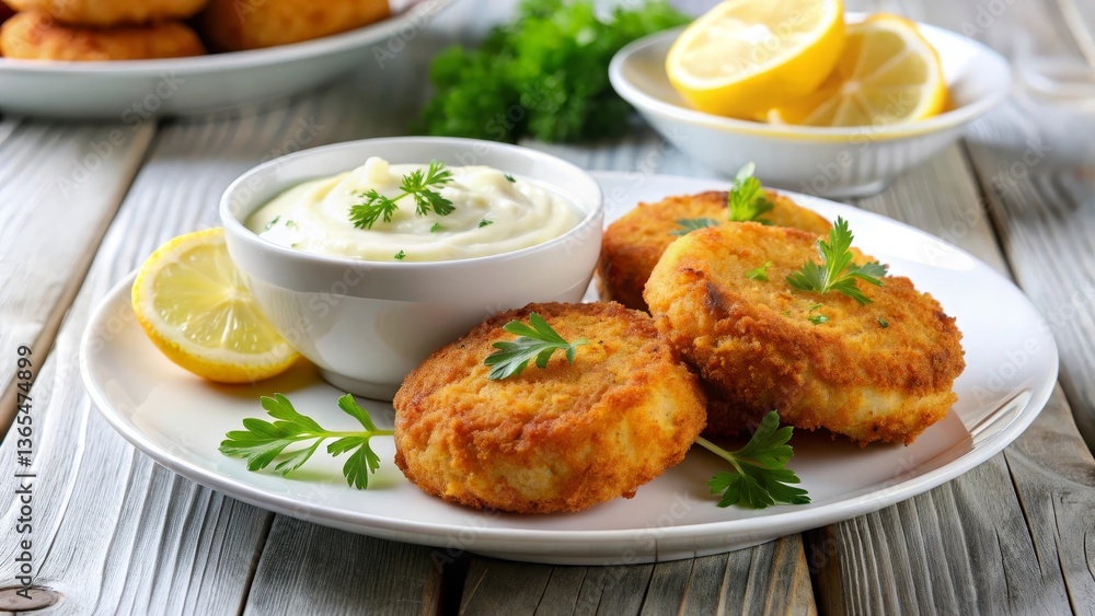 Golden brown fish cakes with crispy edges, served with fresh lemon wedges and tartar sauce on white plate, appetizing seafood snack concept Golden brown fish cakes with crispy edges, served with fresh lemon wedges and tartar sauce on white plate, appetizing seafood snack concept