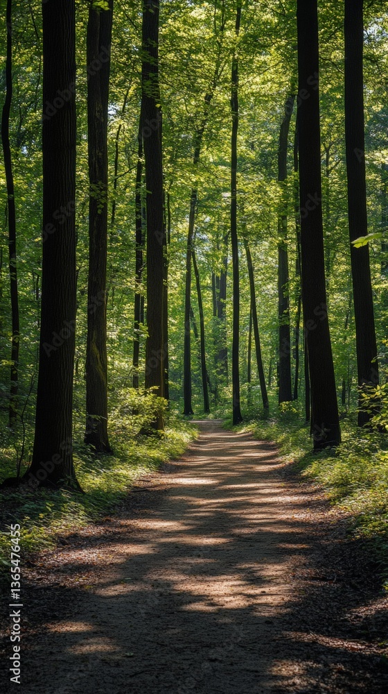 Serene forest path with sunlit trees and lush greenery Serene forest path with sunlit trees and lush greenery