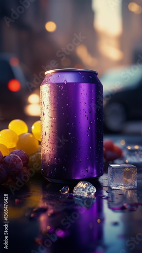 Refreshing Purple Drink Surrounded by Ice Cubes and Grapes in Outdoor Setting...