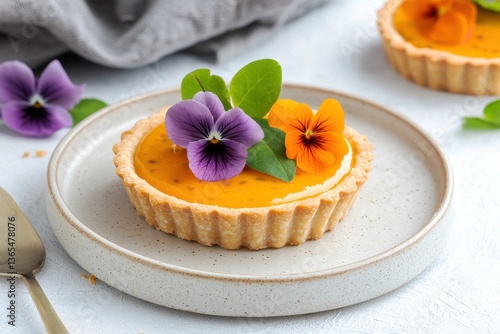 A beautifully presented tart topped with vibrant edible flowers and fresh green leaves, showcasing a delightful dessert on a simple plate.